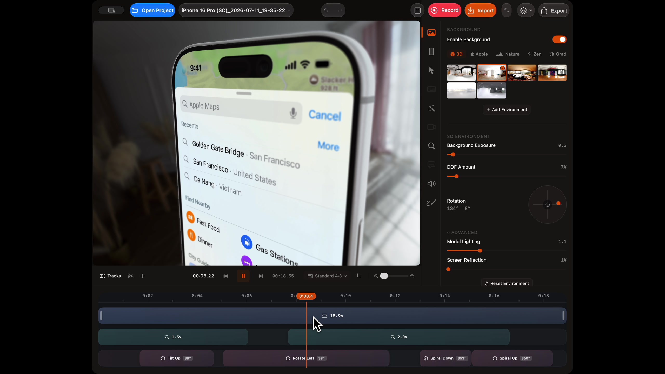 The SmoothCapture editor with an iPhone recording in a 3D perspective frame