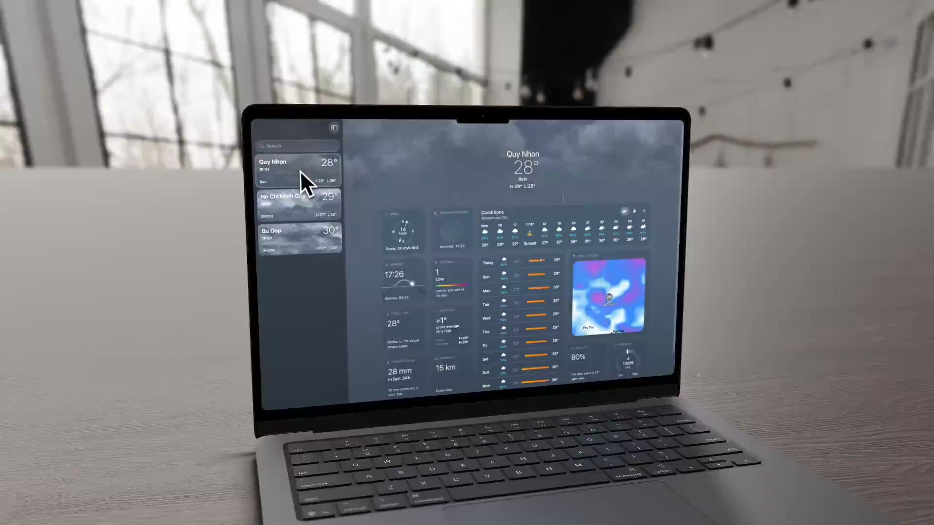 A 3D MacBook Pro rendered by SmoothCapture on a wooden table, showing the Weather app